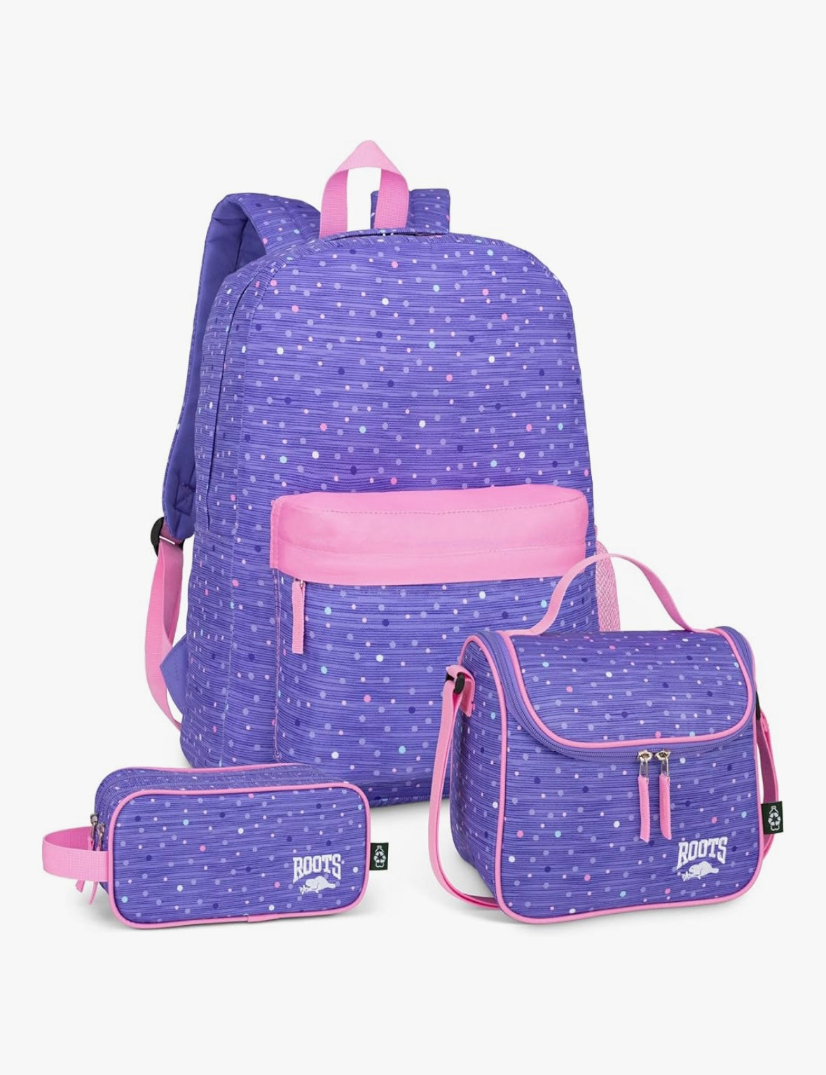 Purple and pink backpack set with matching pouch on a white background